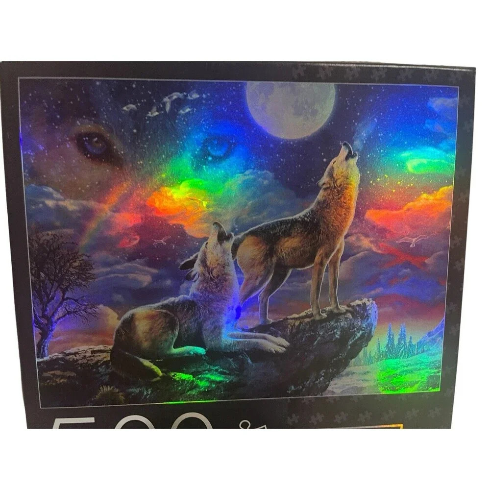 Milton Bradley Wolves Howling To The Moon Foil 500 Piece 24 x 18 Jigsaw Puzzle - Picture 11 of 12